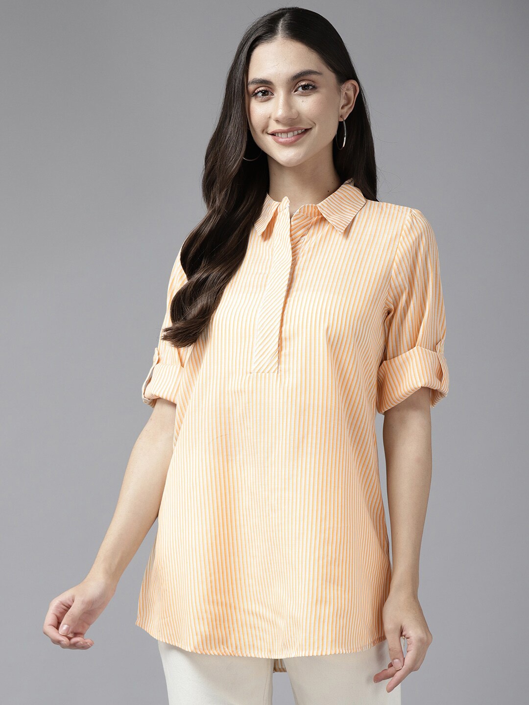 

BAESD Striped Roll-Up Sleeves Shirt Style Longline Top, Orange