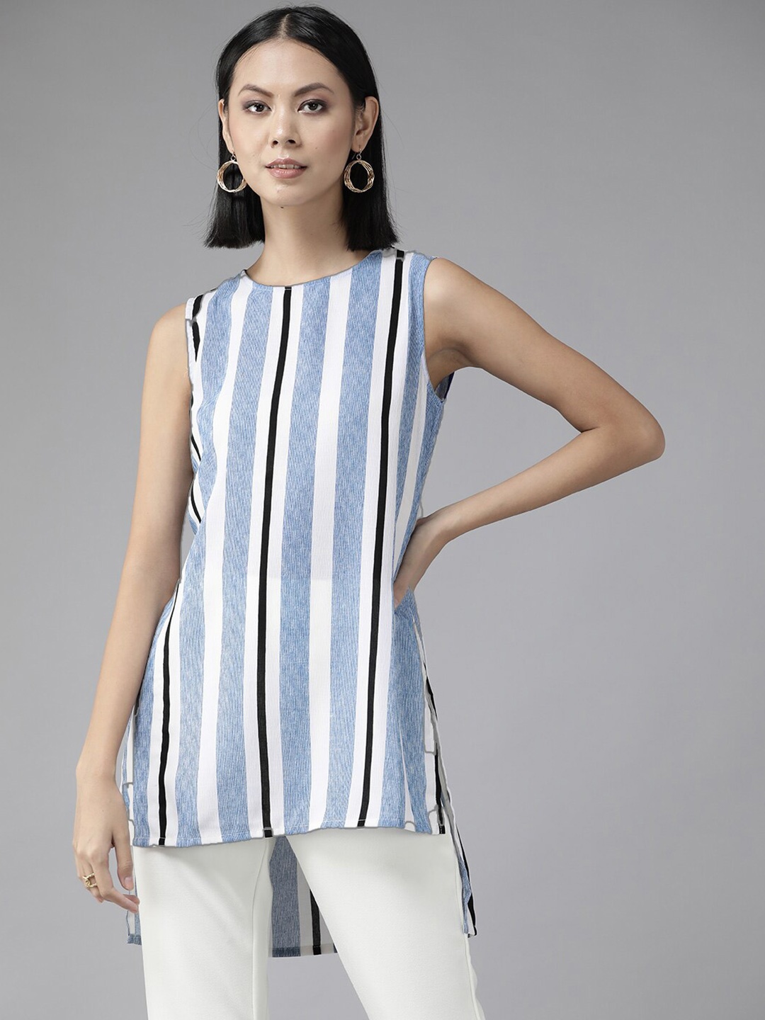 

BAESD Striped Georgette Sleeveless High-Low Top, Blue