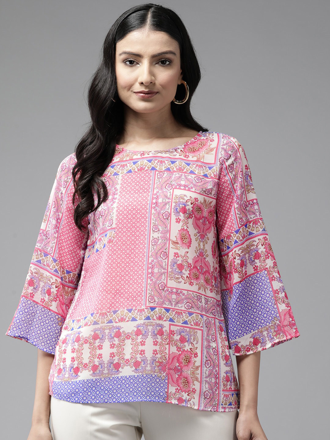 

BAESD Ethnic Motifs Print Flared Sleeve PU Coated Georgette Top, Pink