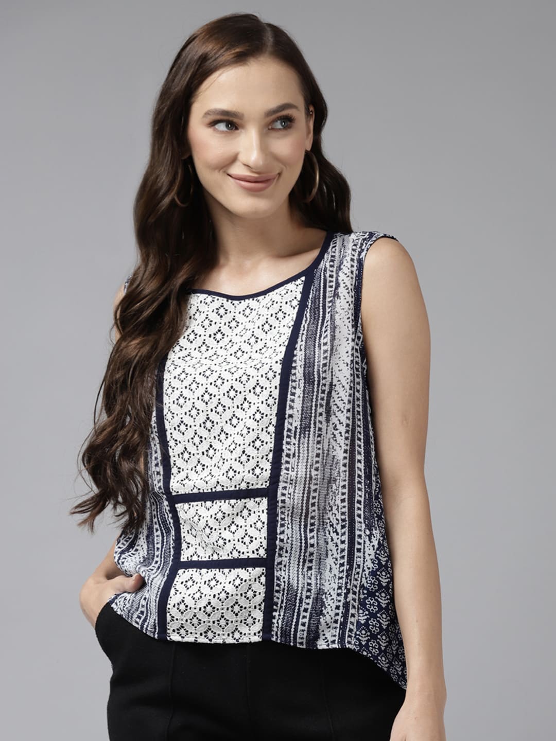 

BAESD Ethnic Motifs Printed Sleeveless Lace Inserted Top, Navy blue