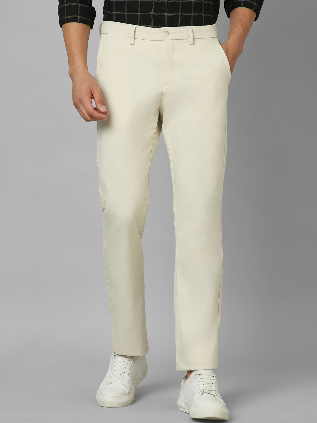 

Allen Solly Men Flat-Front Plain Mid-Rise Trousers, Cream