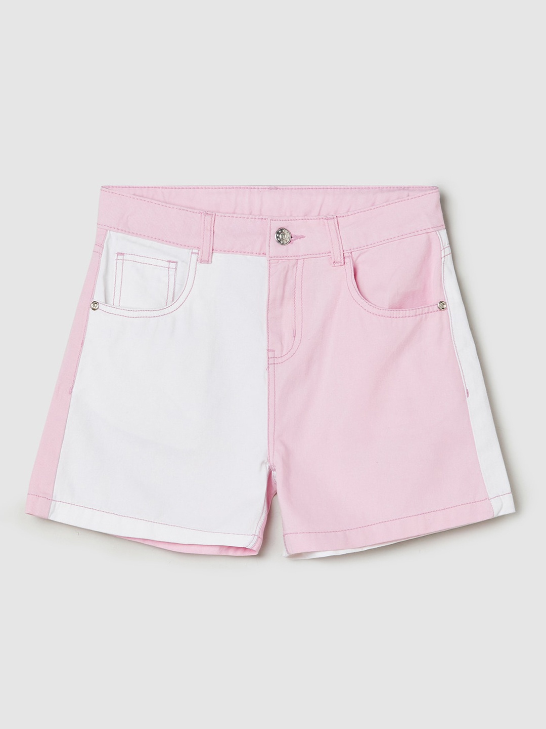 

max Girls Colourblocked Mid-Rise Pure Cotton Denim Shorts, Pink