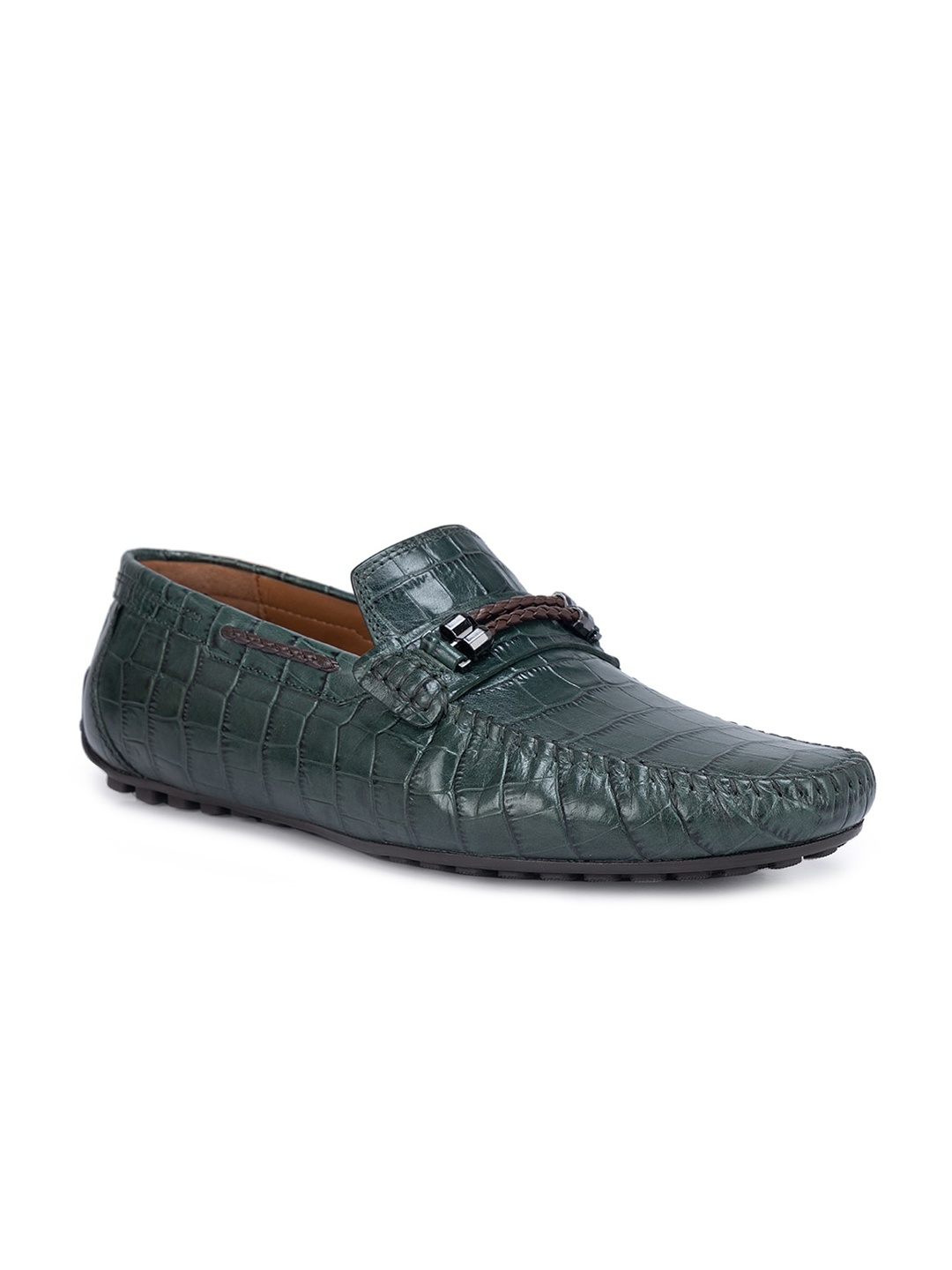 

ROSSO BRUNELLO Men Textured Leather Formal Horsebit Loafers, Green