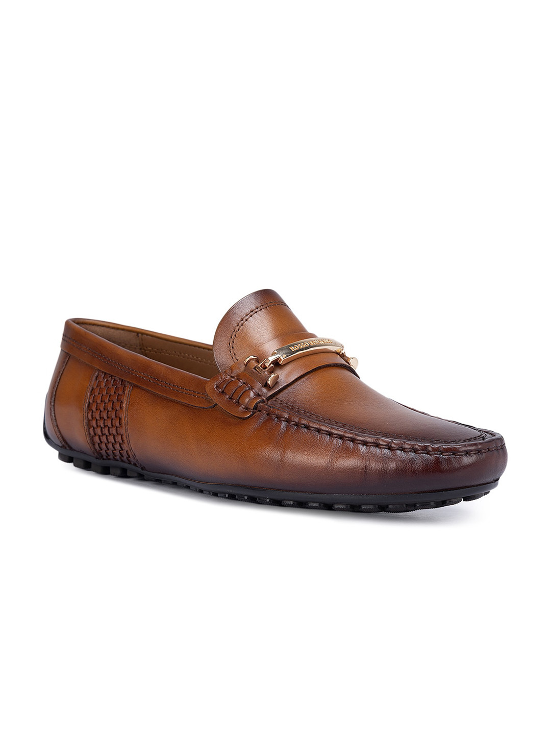 

ROSSO BRUNELLO Men Textured Embellished Leather Formal Horsebit Loafers, Tan