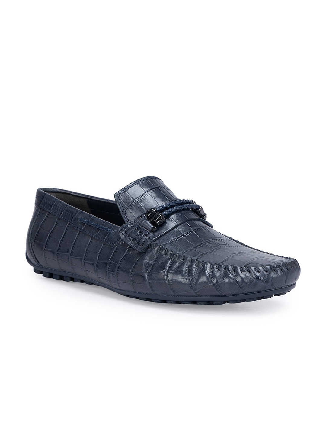 

ROSSO BRUNELLO Men Textured Leather Formal Horsebit Loafers, Navy blue