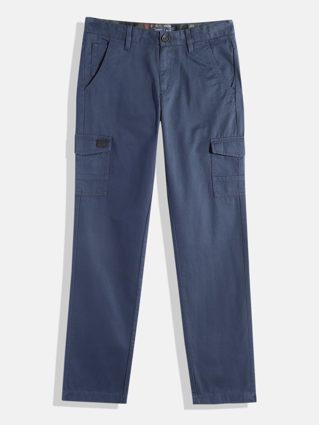 

Indian Terrain Boys Original Low-Rise Plain Flat-Front Pure Cotton Cargos, Blue
