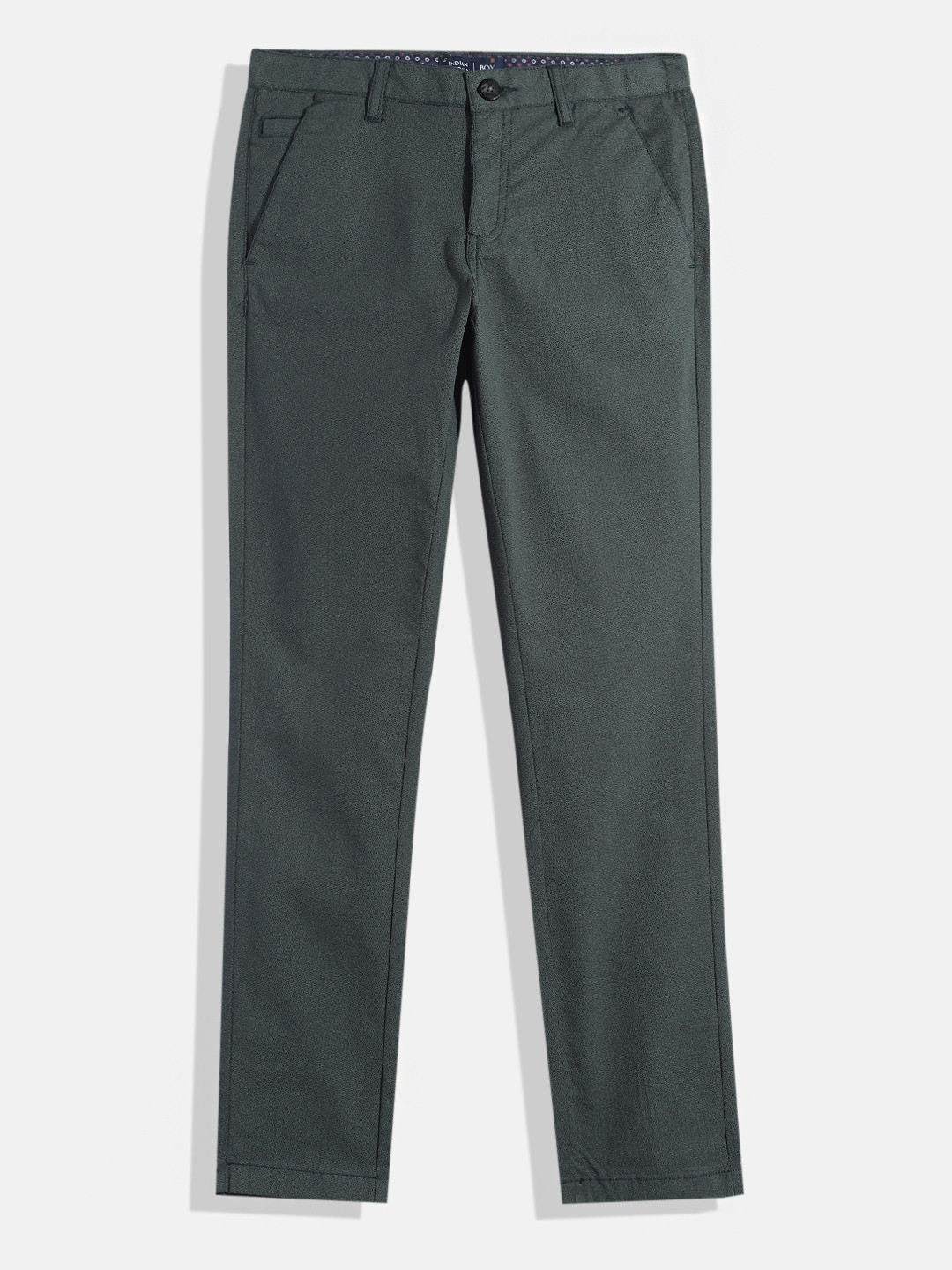 

Indian Terrain Boys Micro Geometric Print Original Low-Rise Plain Flat-Front Trousers, Green