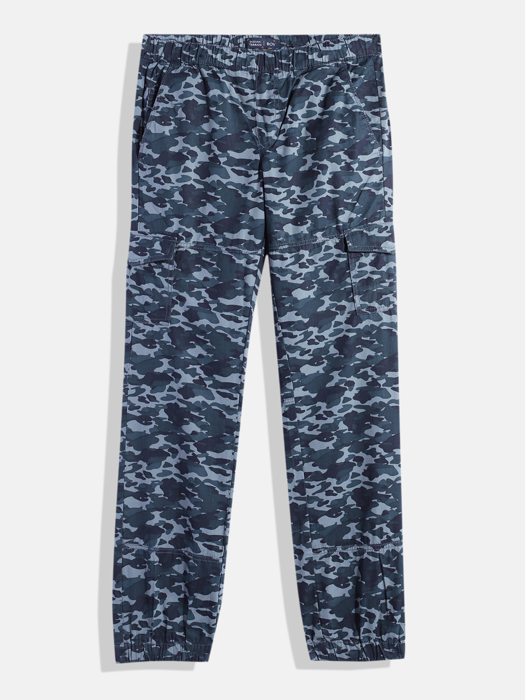 

Indian Terrain Boys Camouflage Printed Pure Cotton Cargos Trousers, Blue