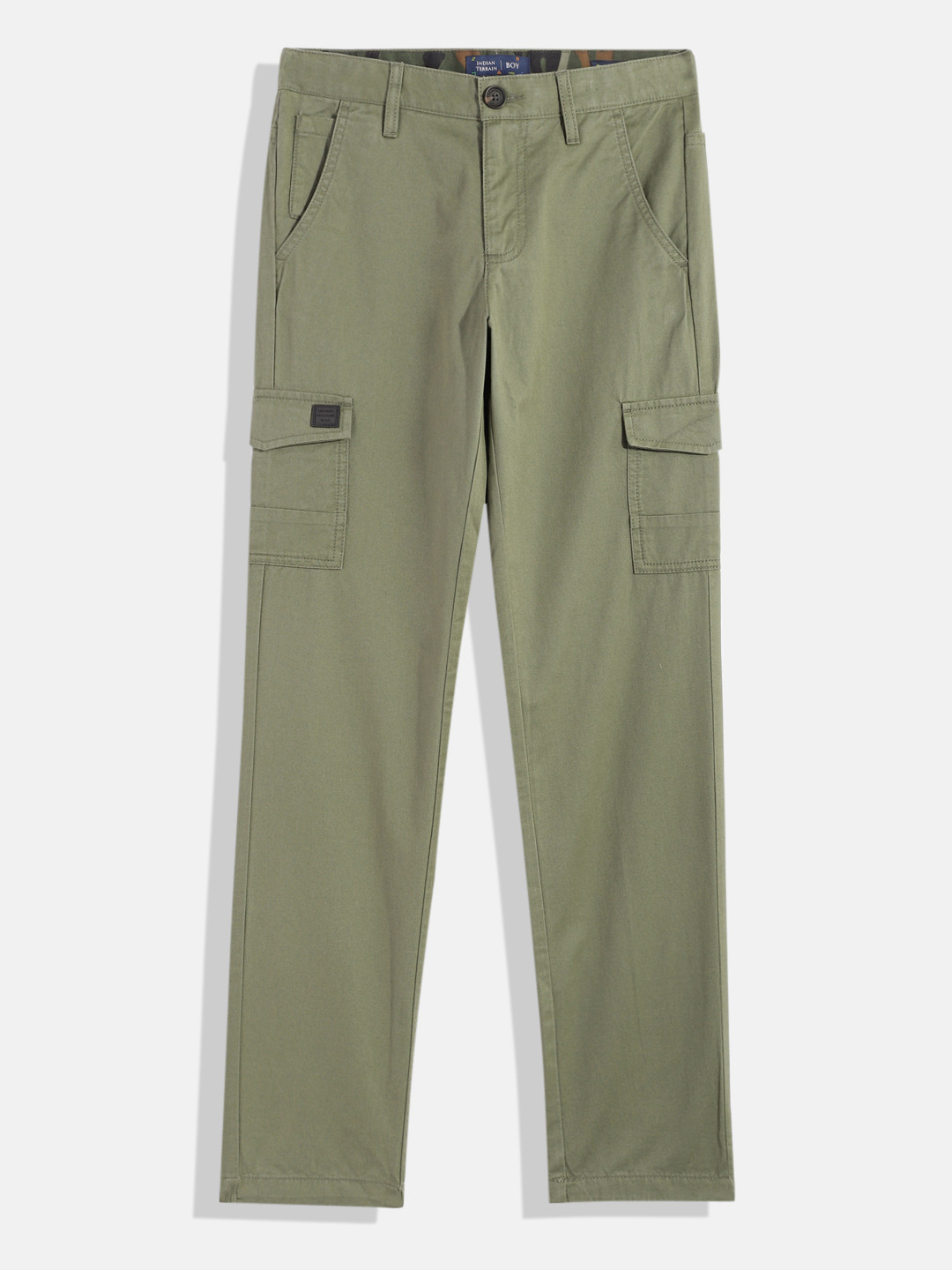 

Indian Terrain Boys Solid Original Low-Rise Plain Flat-Front Pure Cotton Cargos, Olive