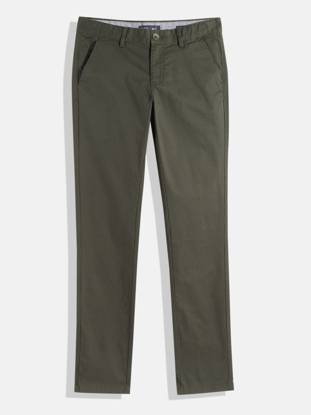 

Indian Terrain Boys Micro Geometric Print Original Low-Rise Plain Flat-Front Trousers, Olive
