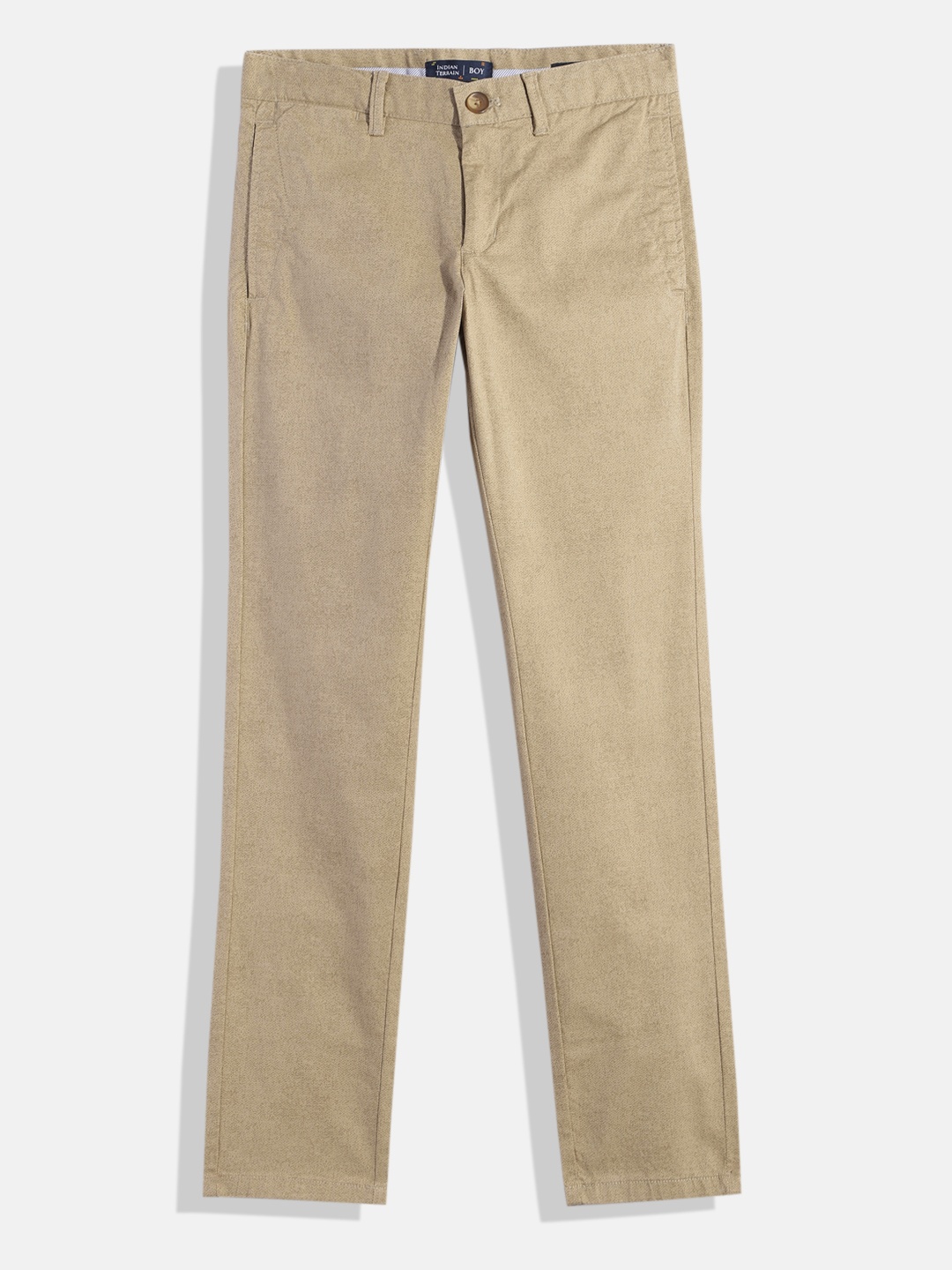 

Indian Terrain Boys Micro Abstract Print Original Low-Rise Plain Flat-Front Trousers, Khaki