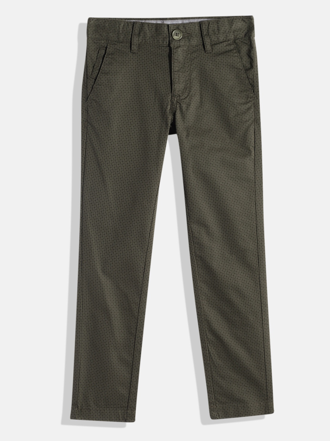 

Indian Terrain Boys Micro Geometric Print Original Low-Rise Plain Flat-Front Trousers, Olive