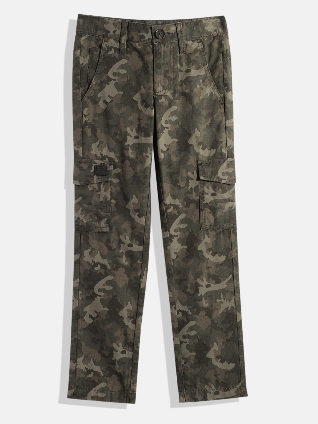 

Indian Terrain Boys Camouflage Printed Pure Cotton Cargos Trousers, Olive