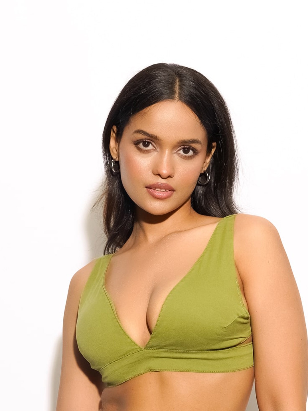 

FREAKINS Green V-Neck Sleeveless Bralette Cotton Top