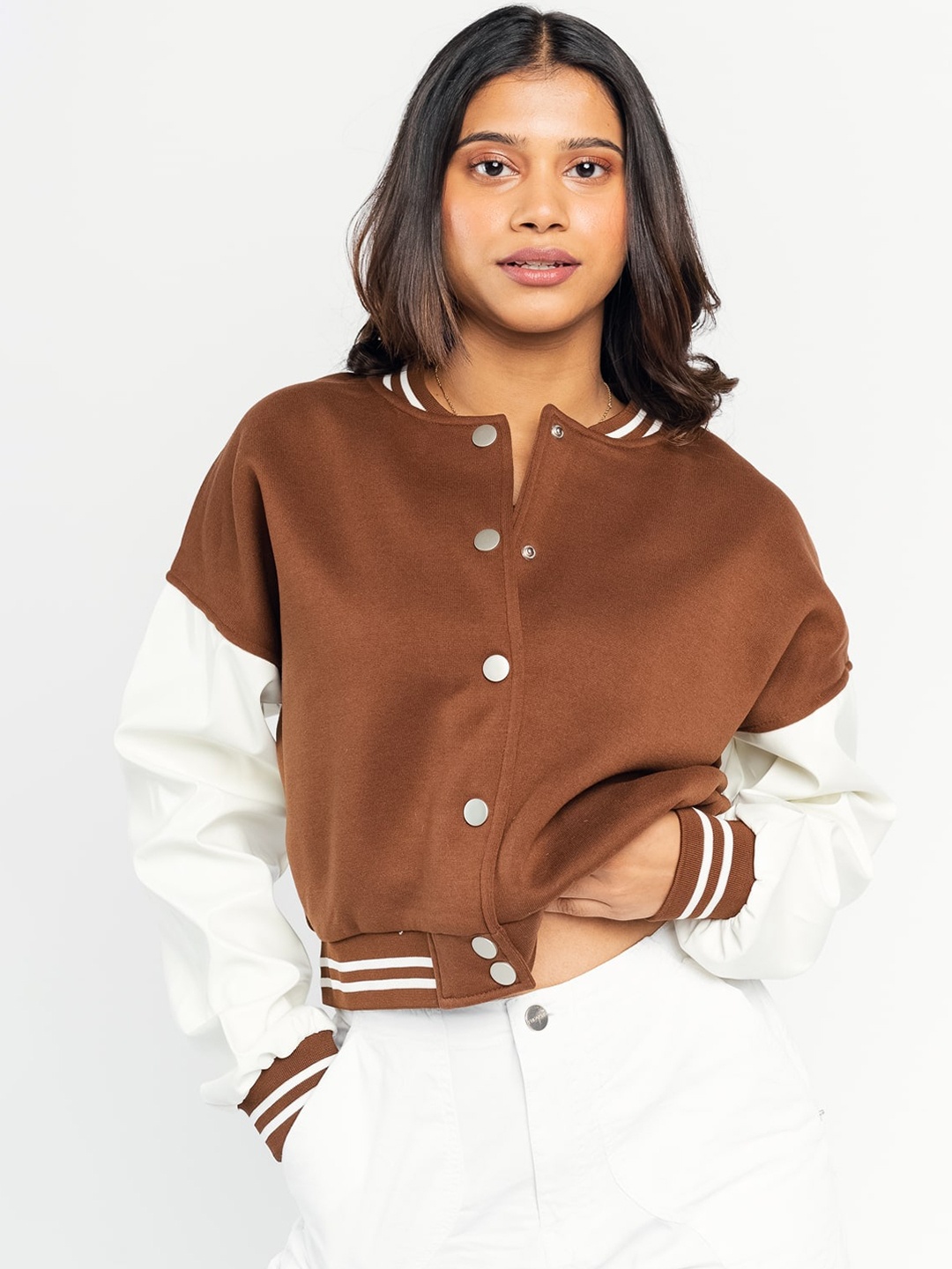 

FREAKINS Women Brown Washed Striped Crop Varsity Jacket