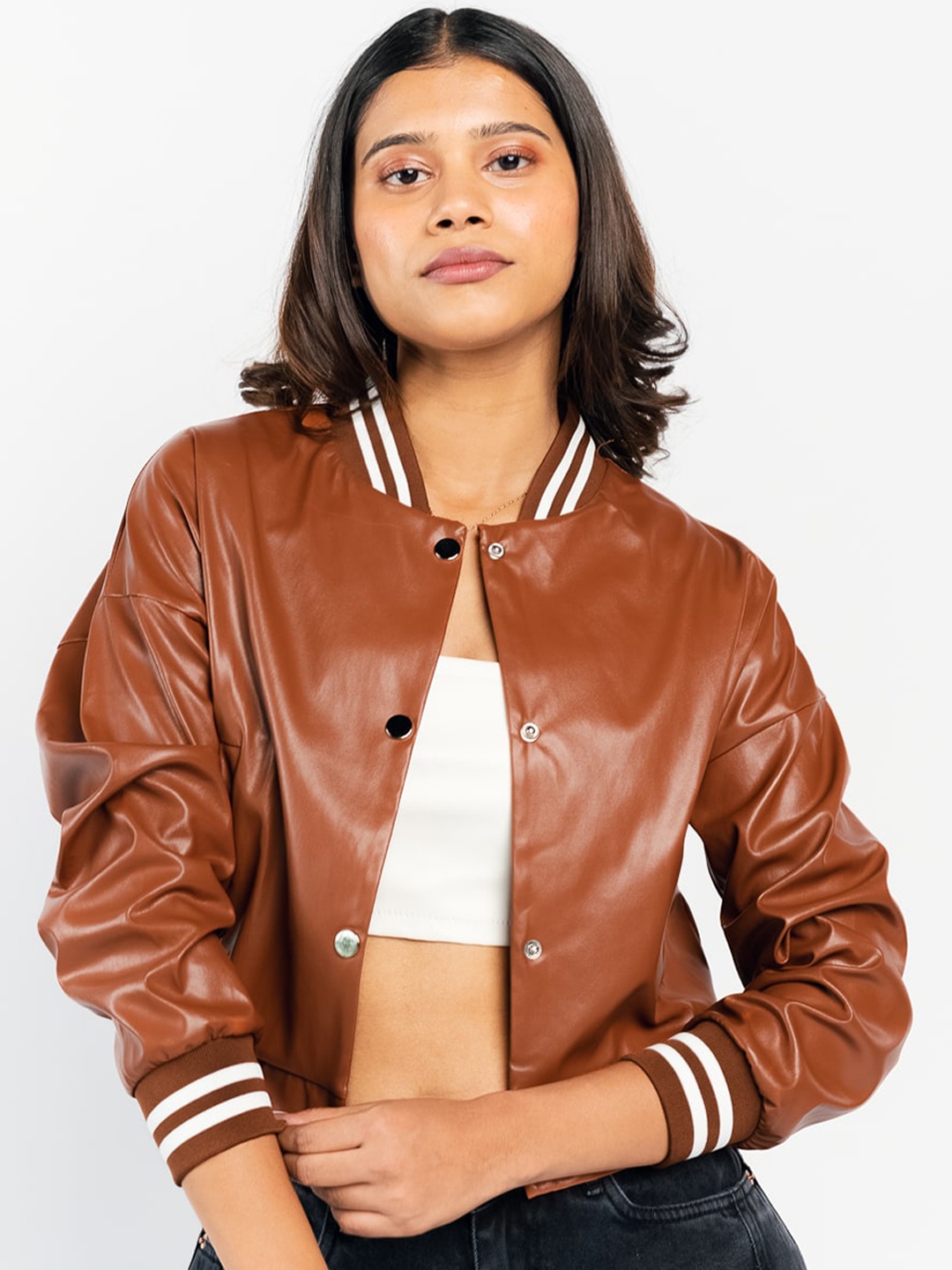 

FREAKINS Brown & White Stand Collar Cotton Leather Jacket