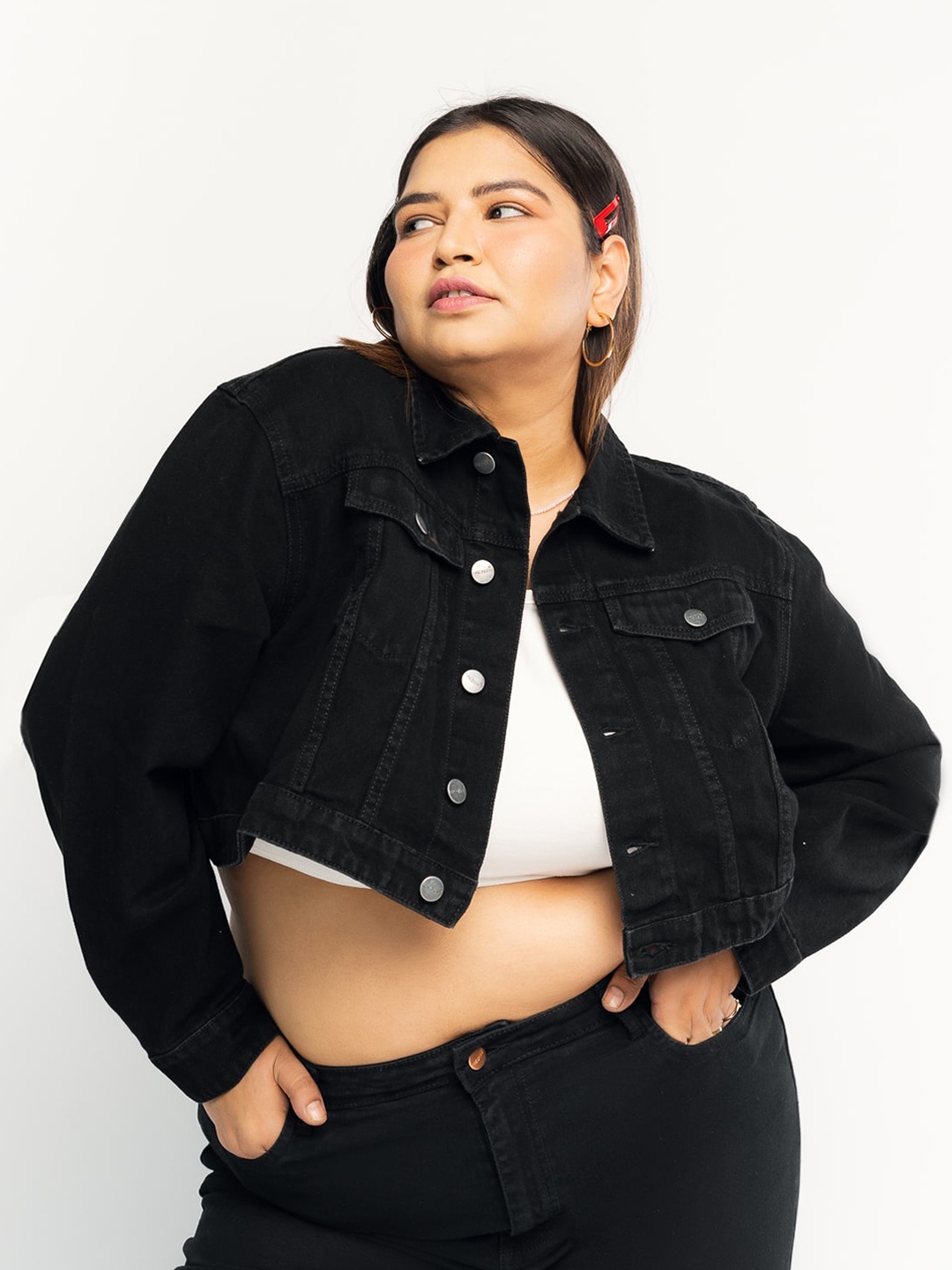 

FREAKINS Women Black Crop Biker Jacket