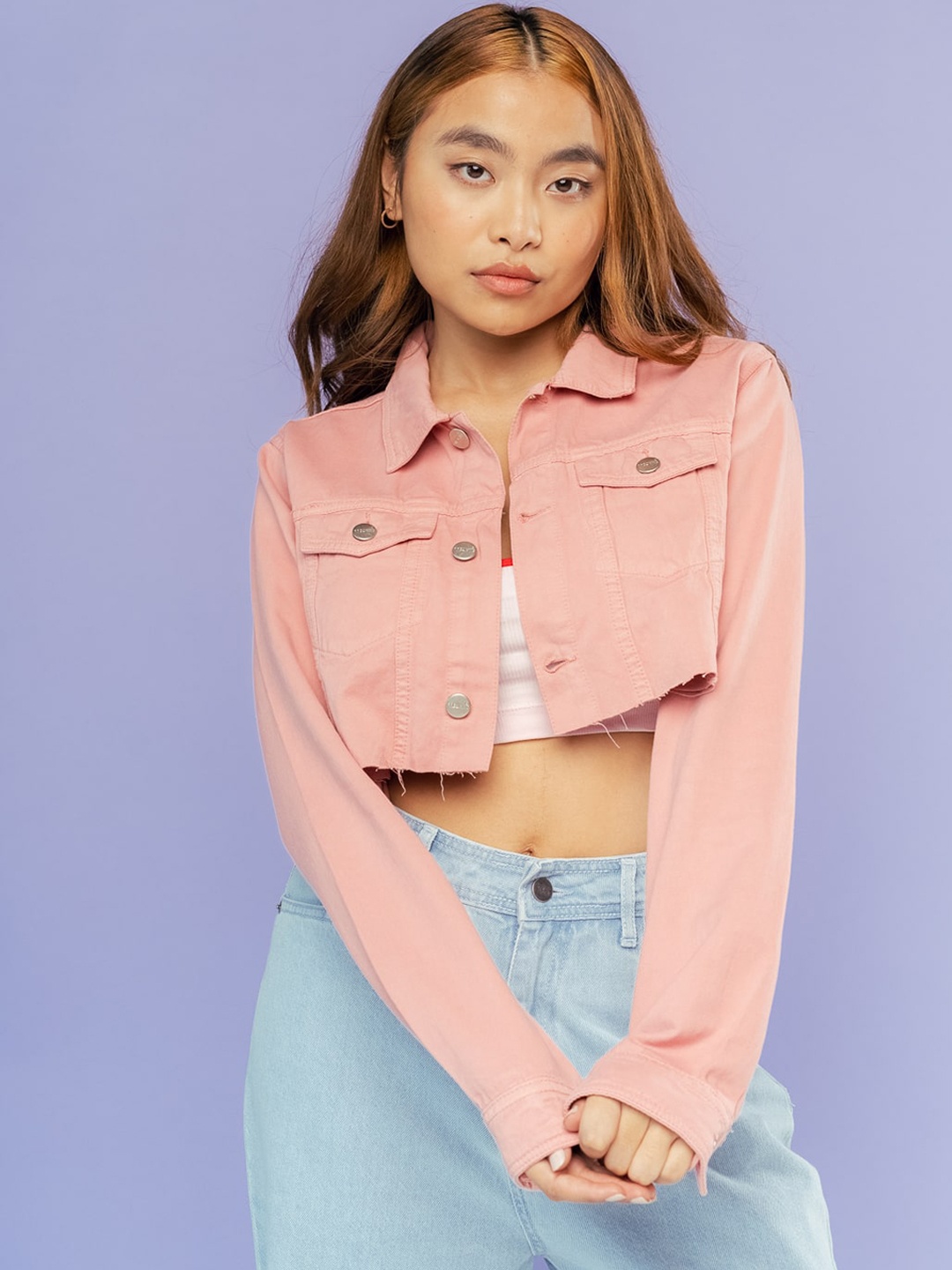 

FREAKINS Pink Crop Cotton Denim Jacket