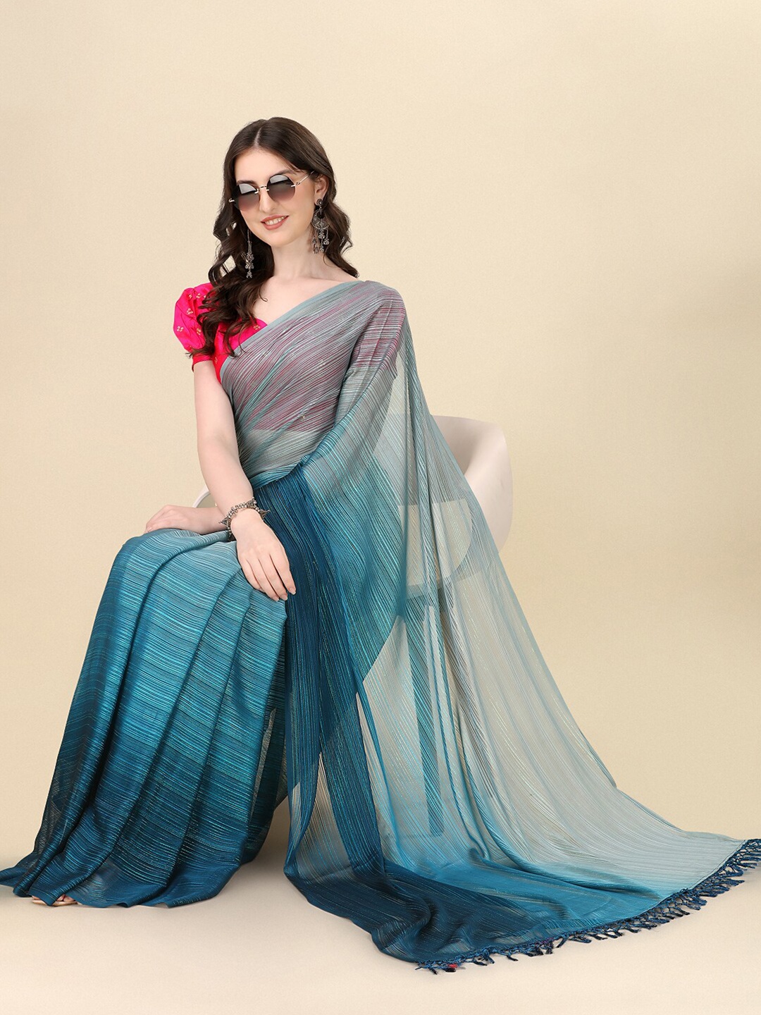 

KALINI Blue Striped Silk Blend Saree