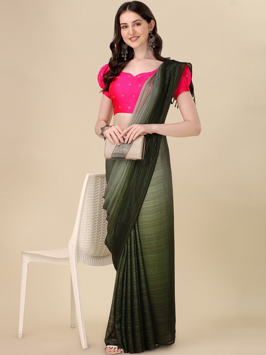 

KALINI Striped Silk Blend Saree, Olive