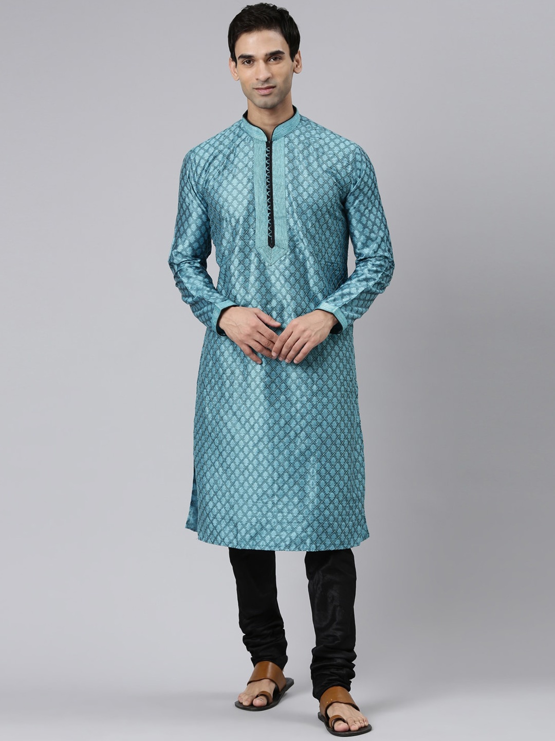 

Rishika Mandarin Collar Woven Design Kurta, Blue