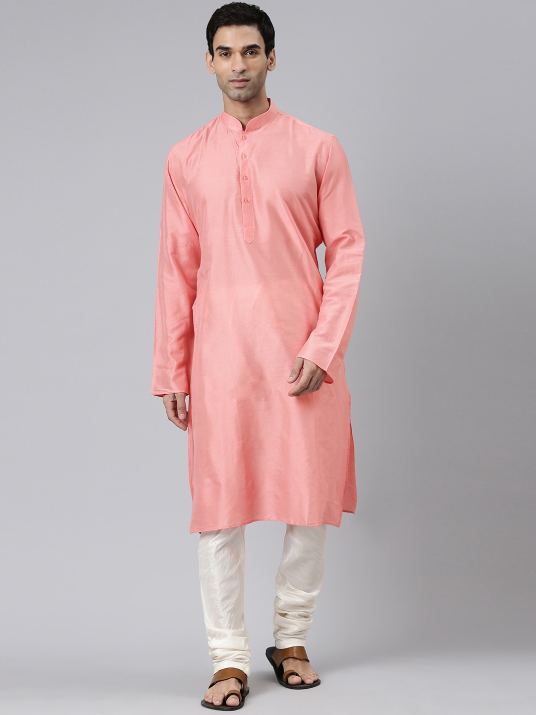 

Rishika Mandarin Collar Long Sleeves Cotton Silk Kurta, Pink