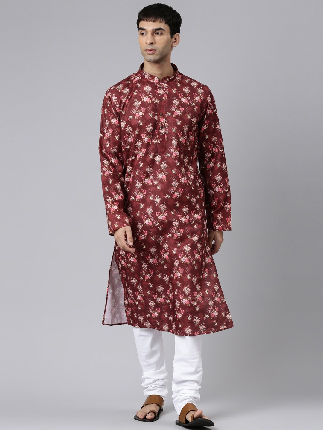 

Rishika Mandarin Collar Floral Printed Pure Cotton Kurta, Maroon