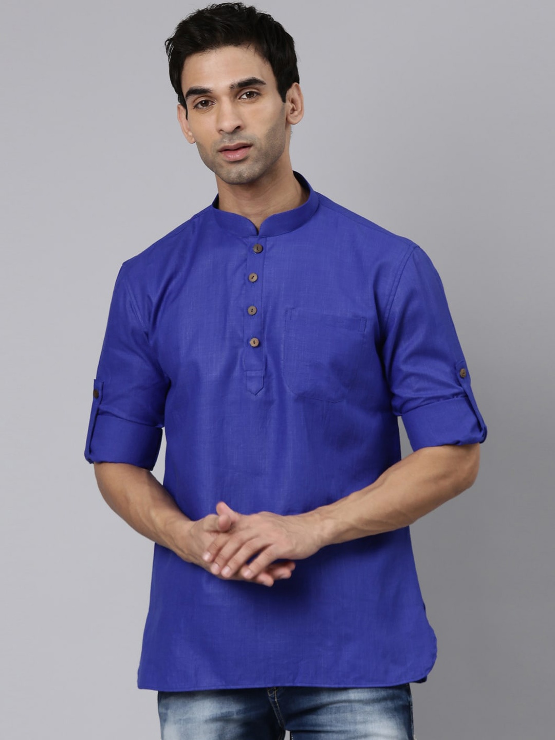 

Rishika Mandarin Collar Cotton Kurta, Blue