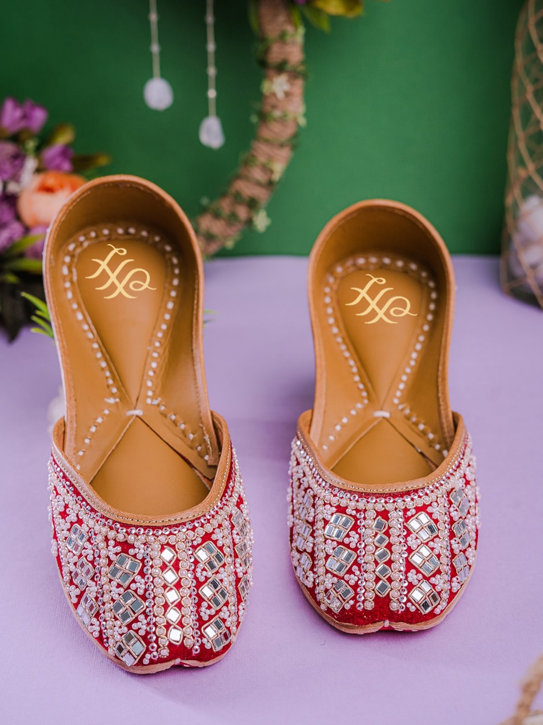 

House of Pataudi Embellished Velvet Mojaris, Maroon