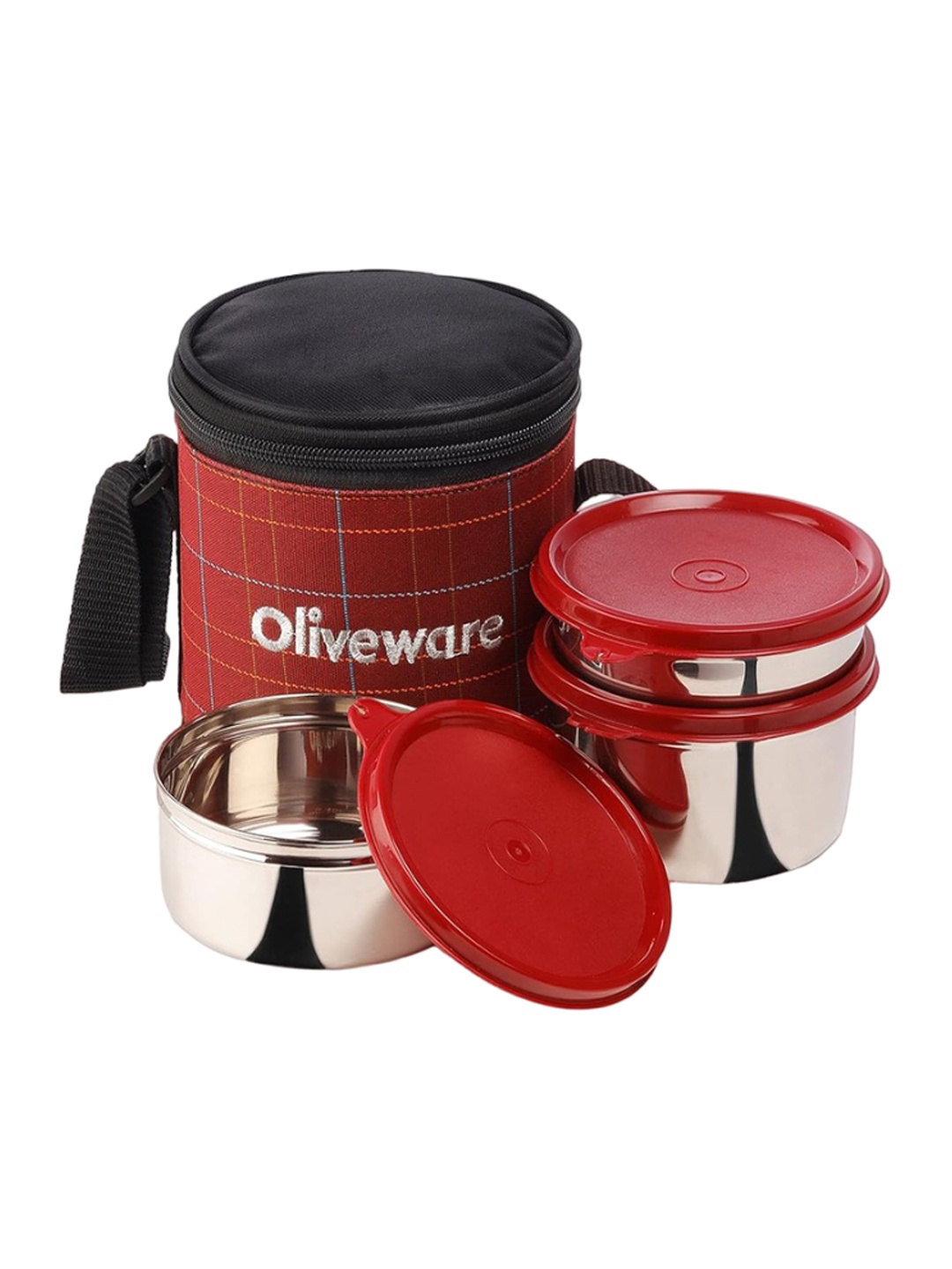 

SOPL-OLIVEWARE 4-Pcs Red Stainless Steel Leak Proof Lunch Boxes With Bag