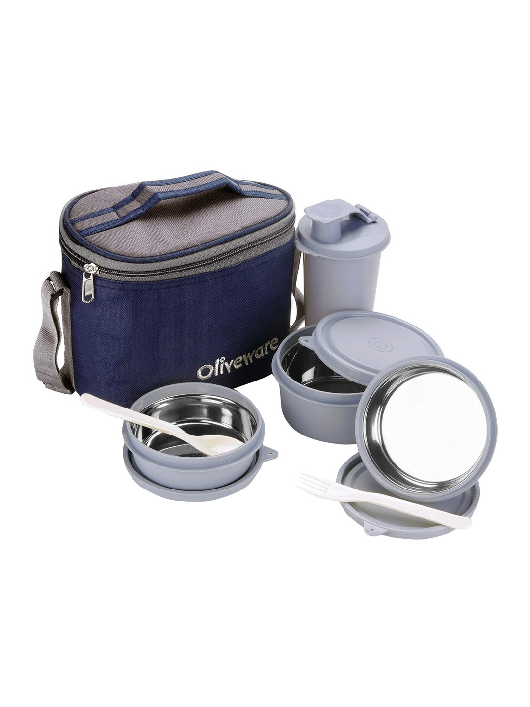 

SOPL-OLIVEWARE Blue & Grey 7 Pieces Stainless Steel Leak Proof Lunch Box With Bag