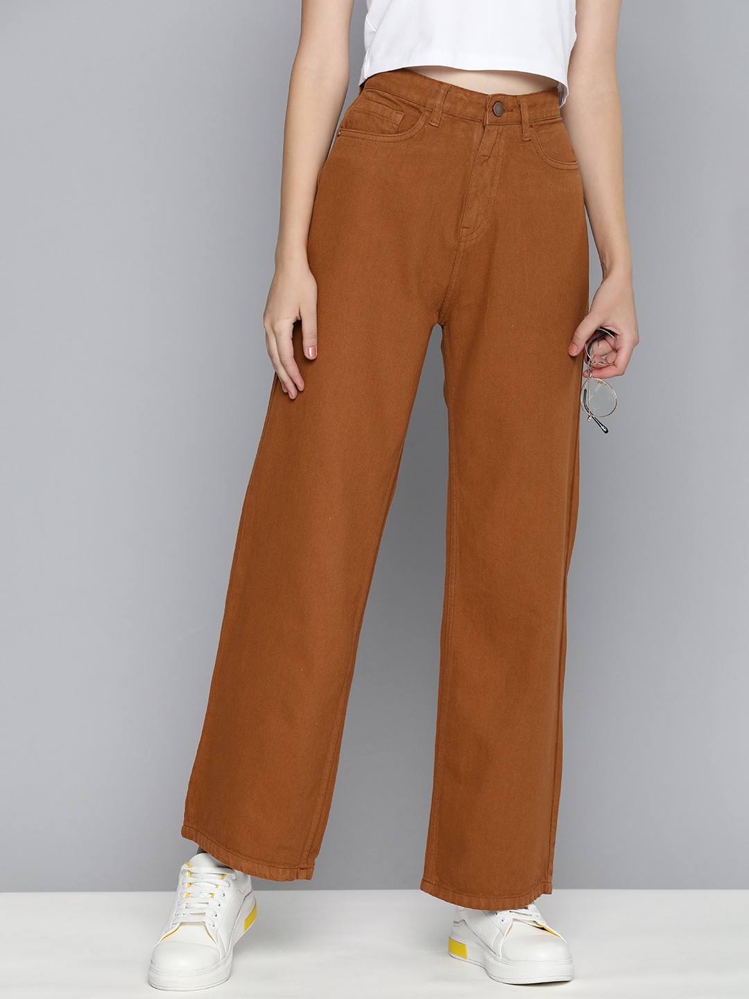 

Mast & Harbour Women Cotton Relaxed Fit High-Rise Jeans, Brown