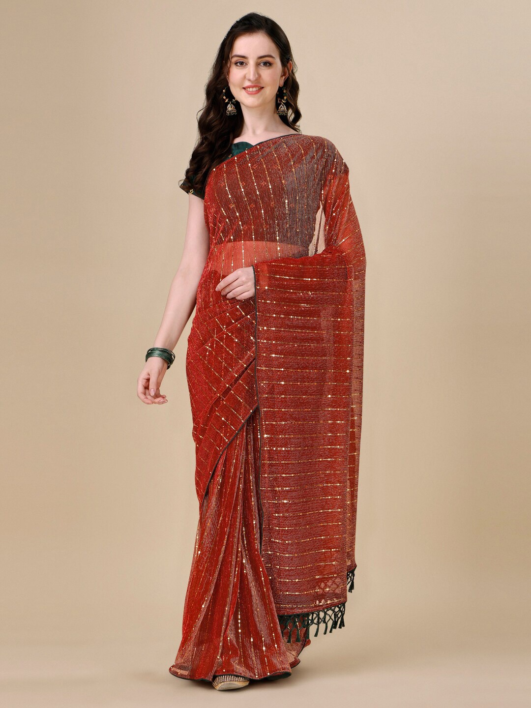 

KALINI Embellished Silk Blend Saree, Orange