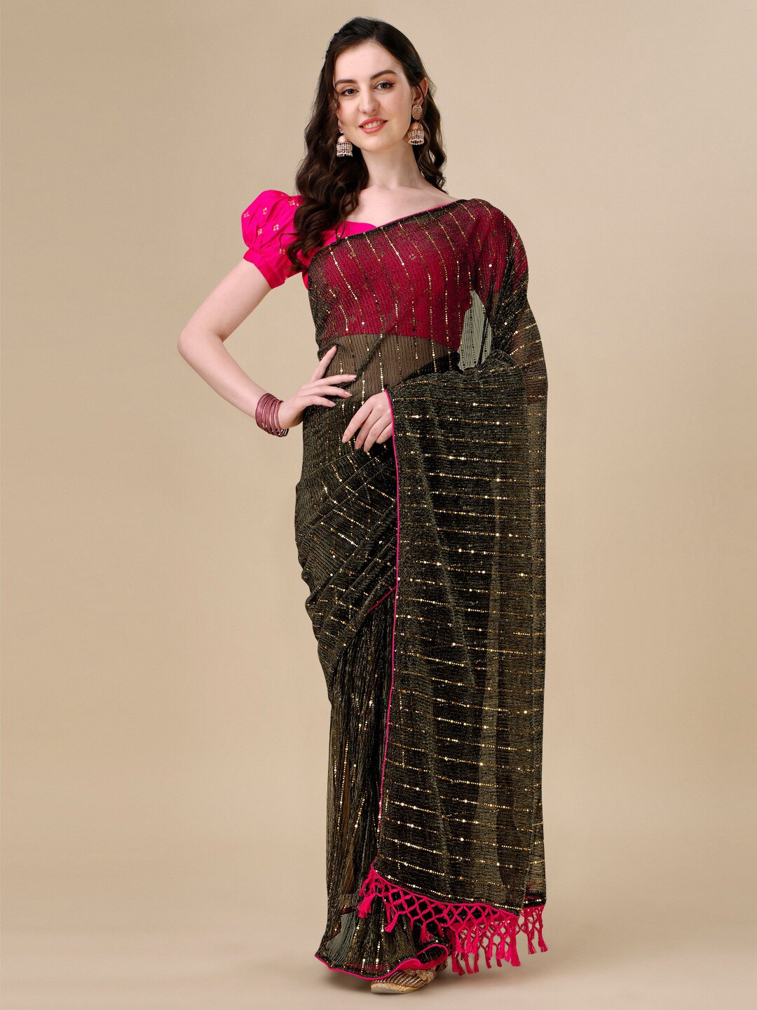 

KALINI Embellished Silk Blend Saree, Olive