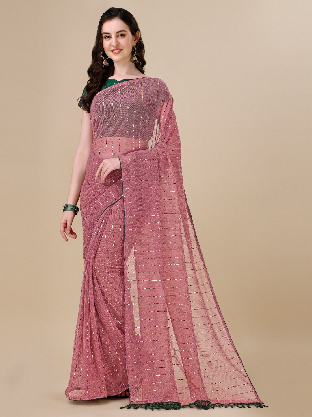 

KALINI Embellished Silk Blend Saree, Peach