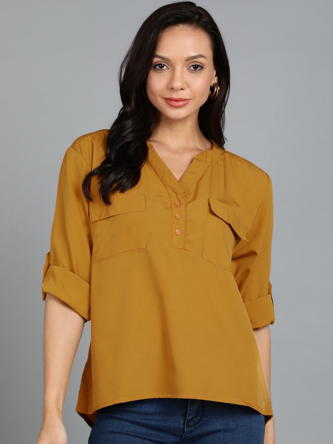 

KASHIAN Mandarin Collar Roll-Up Sleeves Shirt Style Top, Mustard