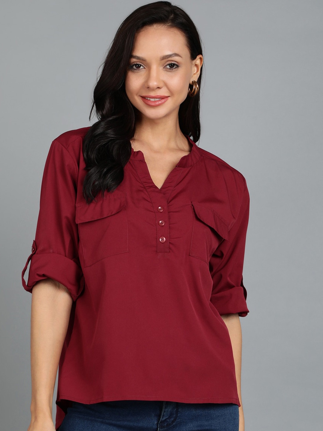 

KASHIAN Mandarin Collar Roll-Up Sleeves Top, Maroon