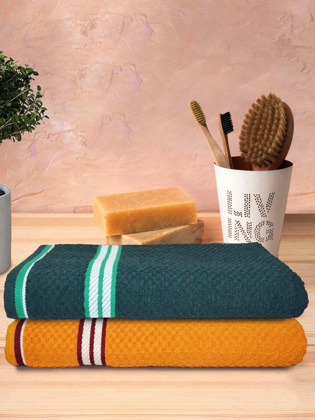 

Athom Trendz Living Green & Orange Coloured 2 Pcs Textured 300 GSM Pure Cotton Bath Towels