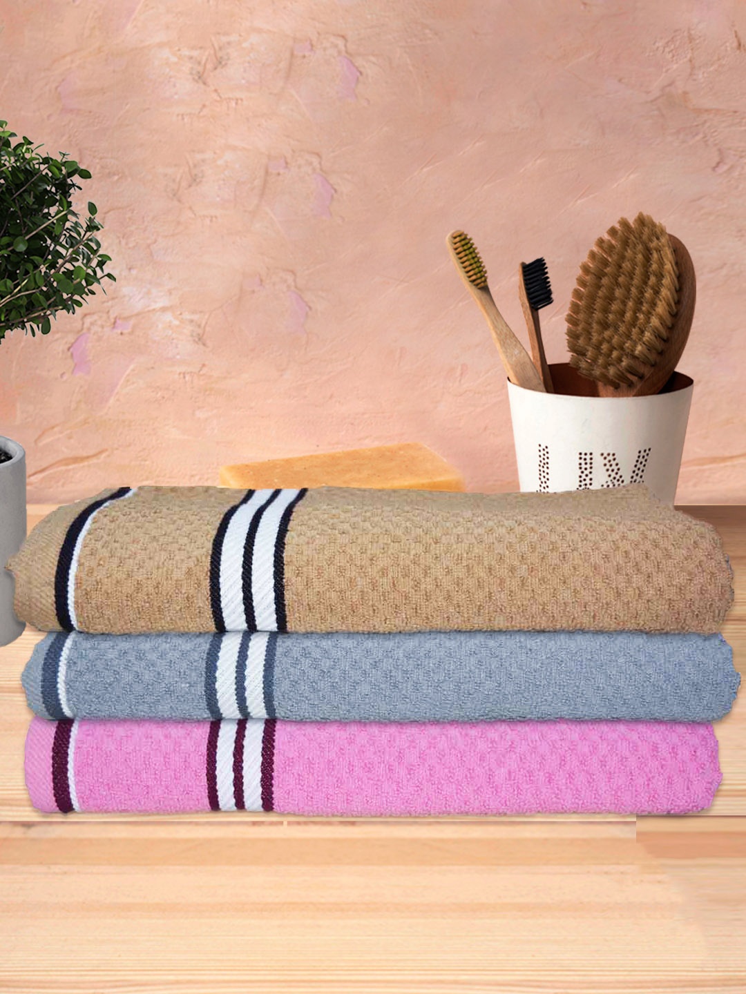 Athom Trendz Living 3-Pcs Grey & Pink Popcorn Textured 300 GSM Pure Cotton Bath Towels