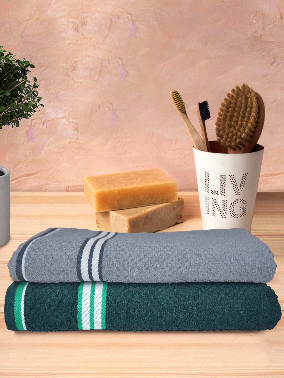 

Athom Trendz Living Grey & Green 2 Pcs Popcorn Textured Pure Cotton Super Soft Bath Towels