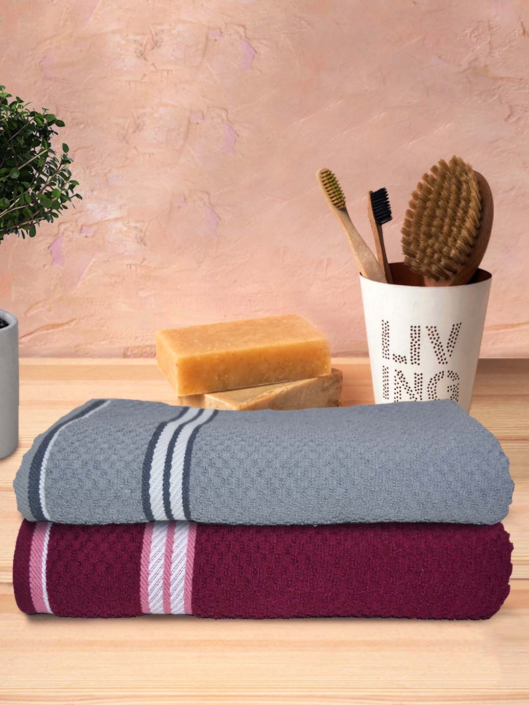 

Athom Trendz 2Pcs Maroon & Grey Popcorn Textured Pure Cotton Super Soft Bath Towels