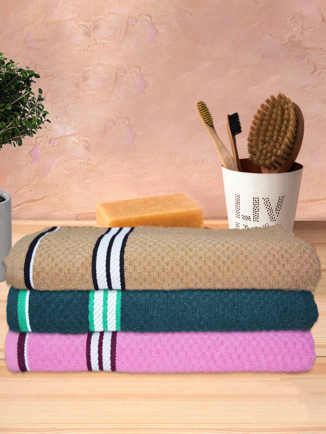 

Athom Trendz Pink & Green 3 Pieces Popcorn Textured Pure Cotton Super Soft Bath Towels