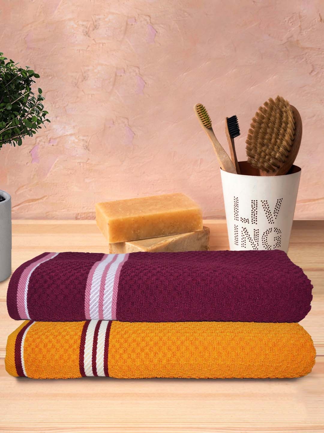 

Athom Trendz Maroon & Orange 2 Pieces Textured 300GSM Bath Towels