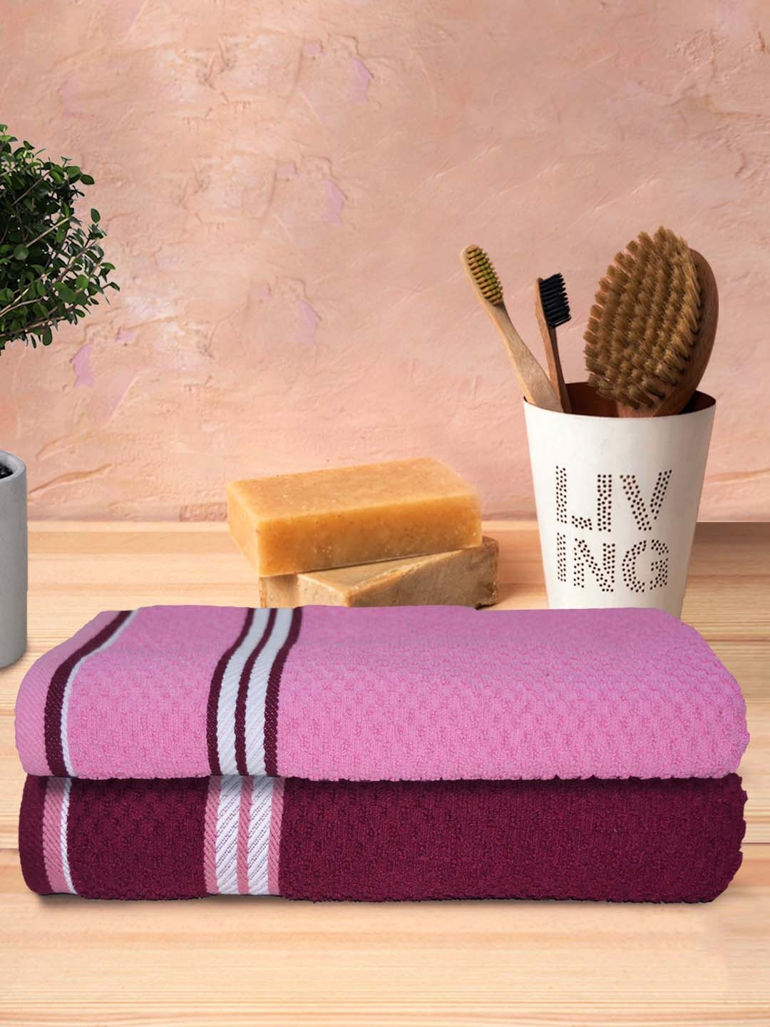 

Athom Trendz Pink & Maroon 2 Pieces Textured 300GSM Bath Towels
