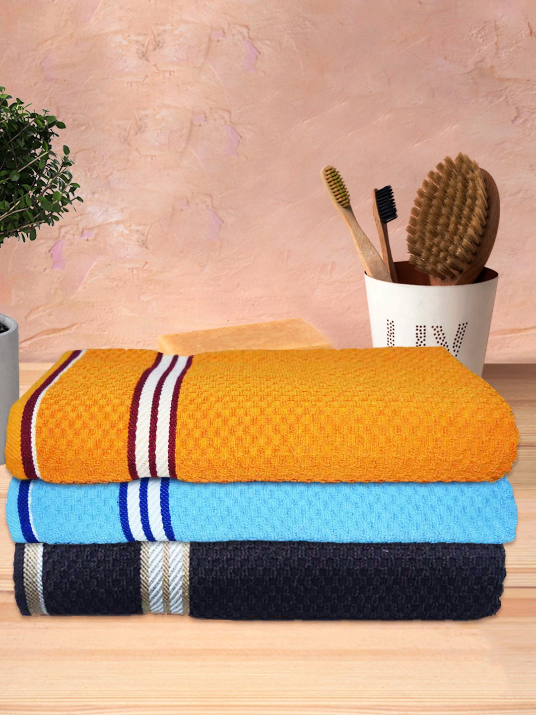 

Athom Trendz Yellow & Blue 3 Pieces Textured 300GSM Bath Towels