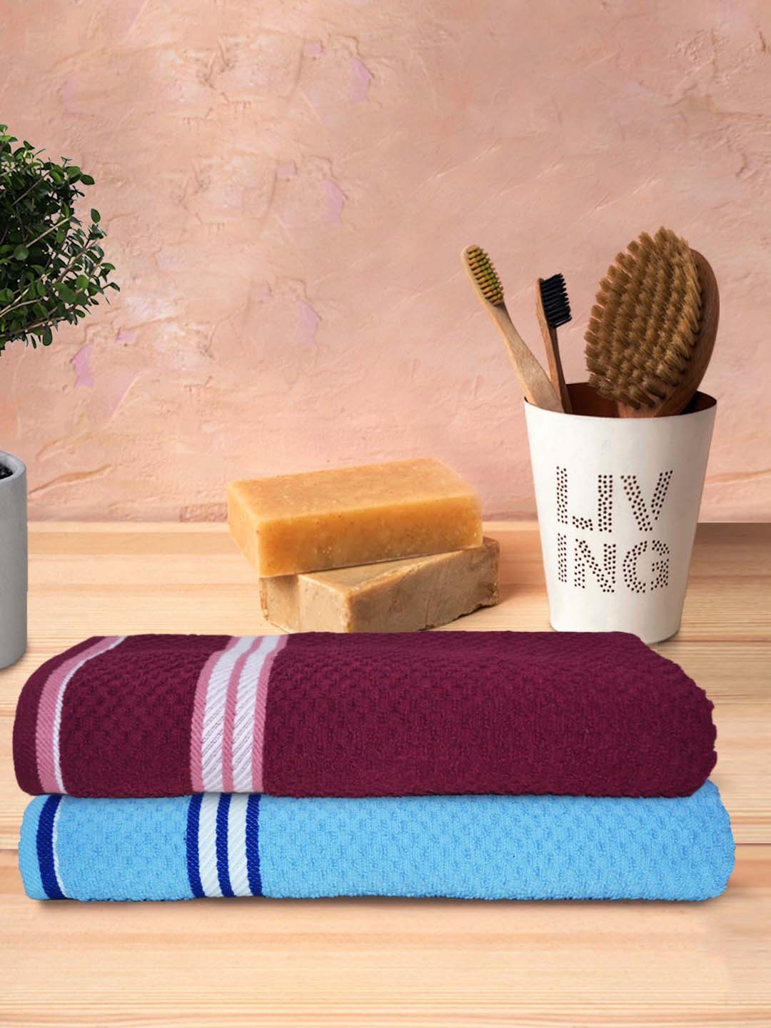 Athom Trendz Living Maroon & Blue 2Pcs Popcorn Textured Pure Cotton Super Soft Bath Towels