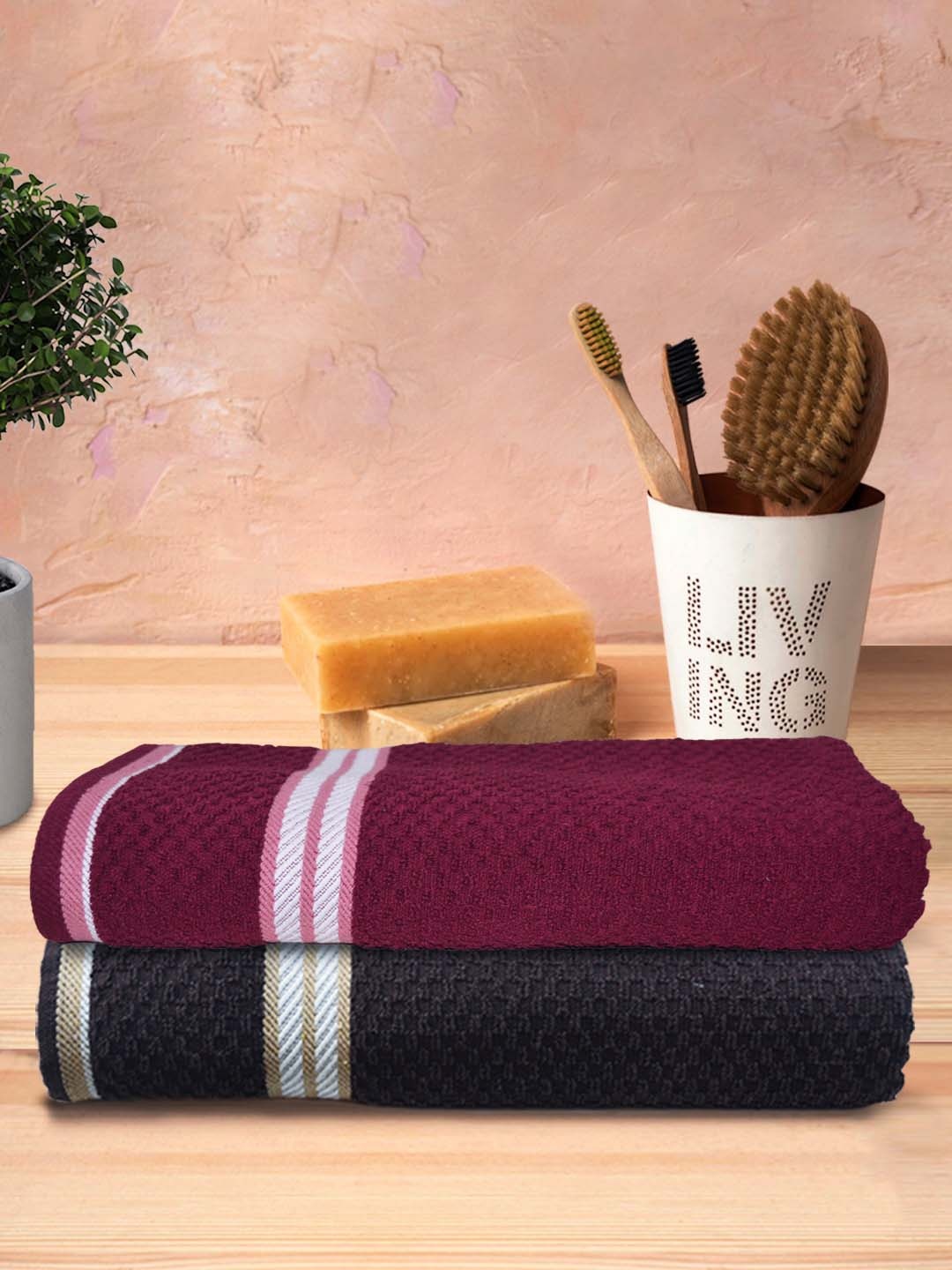 Athom Trendz Living Maroon & Brown 2 Pcs Popcorn Textured 300 GSM Pure Cotton Bath Towels