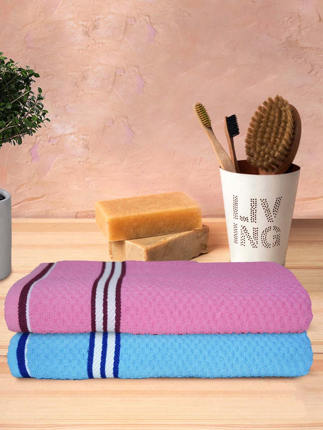 

Athom Trendz Living Pink & Blue 2 Pcs Popcorn Textured Pure Cotton Super Soft Bath Towels