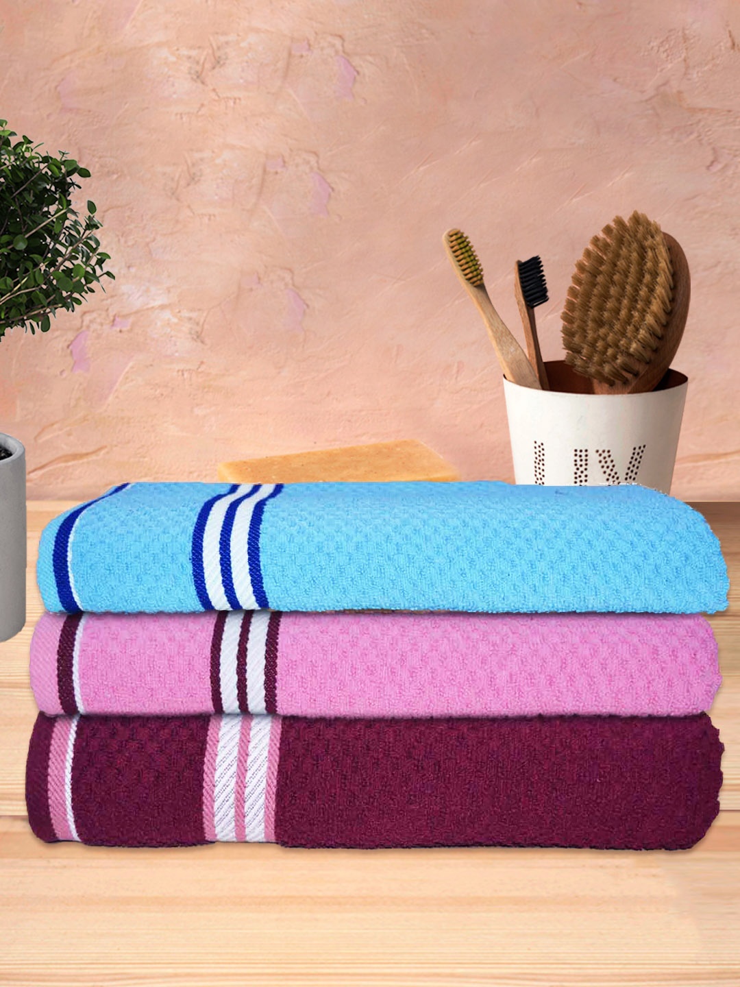 Athom Trendz Living Pink 3 Pcs Popcorn Textured Pure Cotton Super Soft Bath Towels, Maroon
