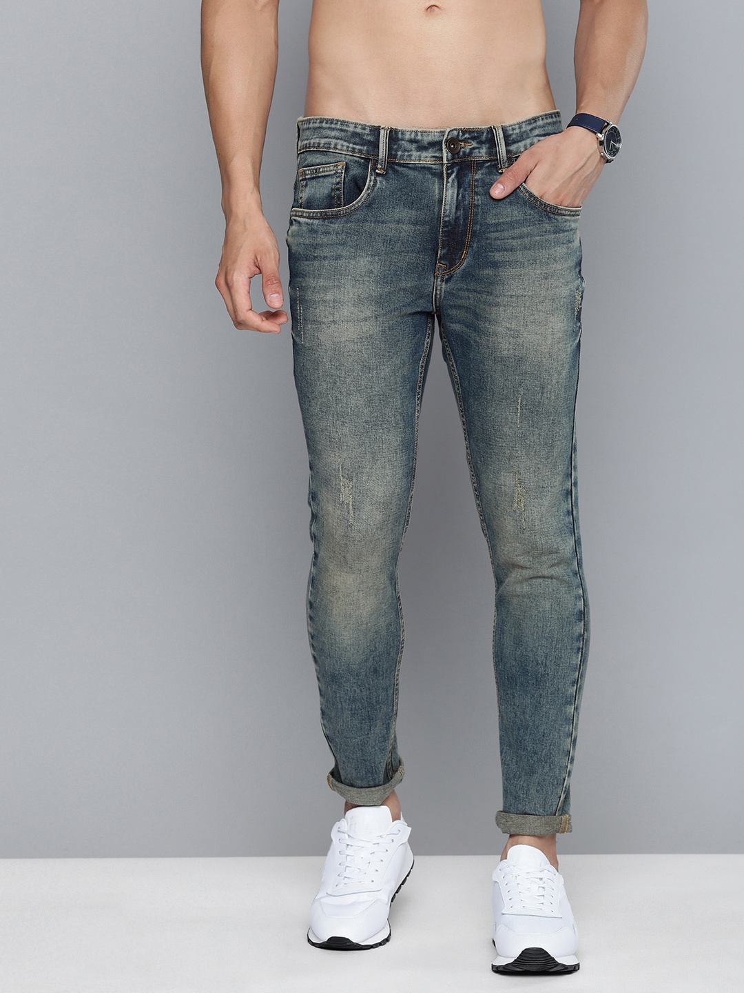 

Harvard Men Slim Fit Low Distress Light Fade Acid Wash Stretchable Jeans, Blue
